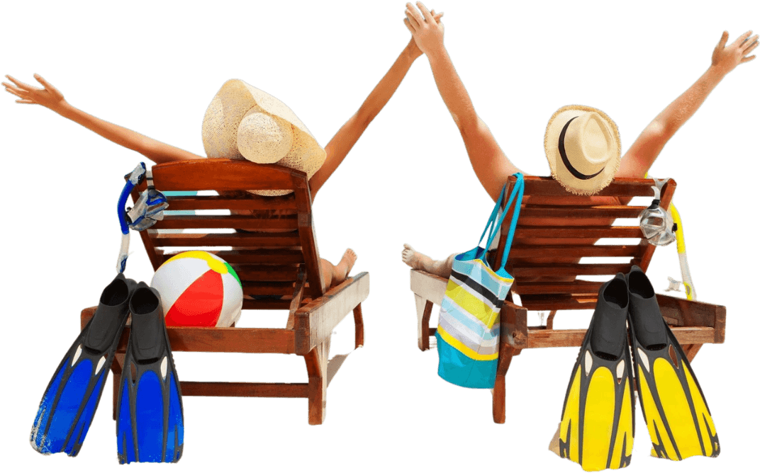 Two people sitting on beach chairs with arms raised.